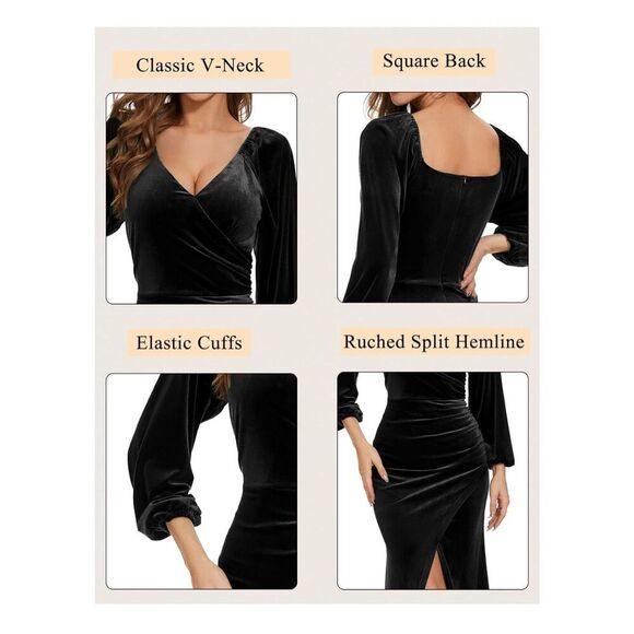 NEW Long Sleeve Ruched Velvet Wrap Cocktail Maxi Dress XL 12/14 - Picture 6 of 6